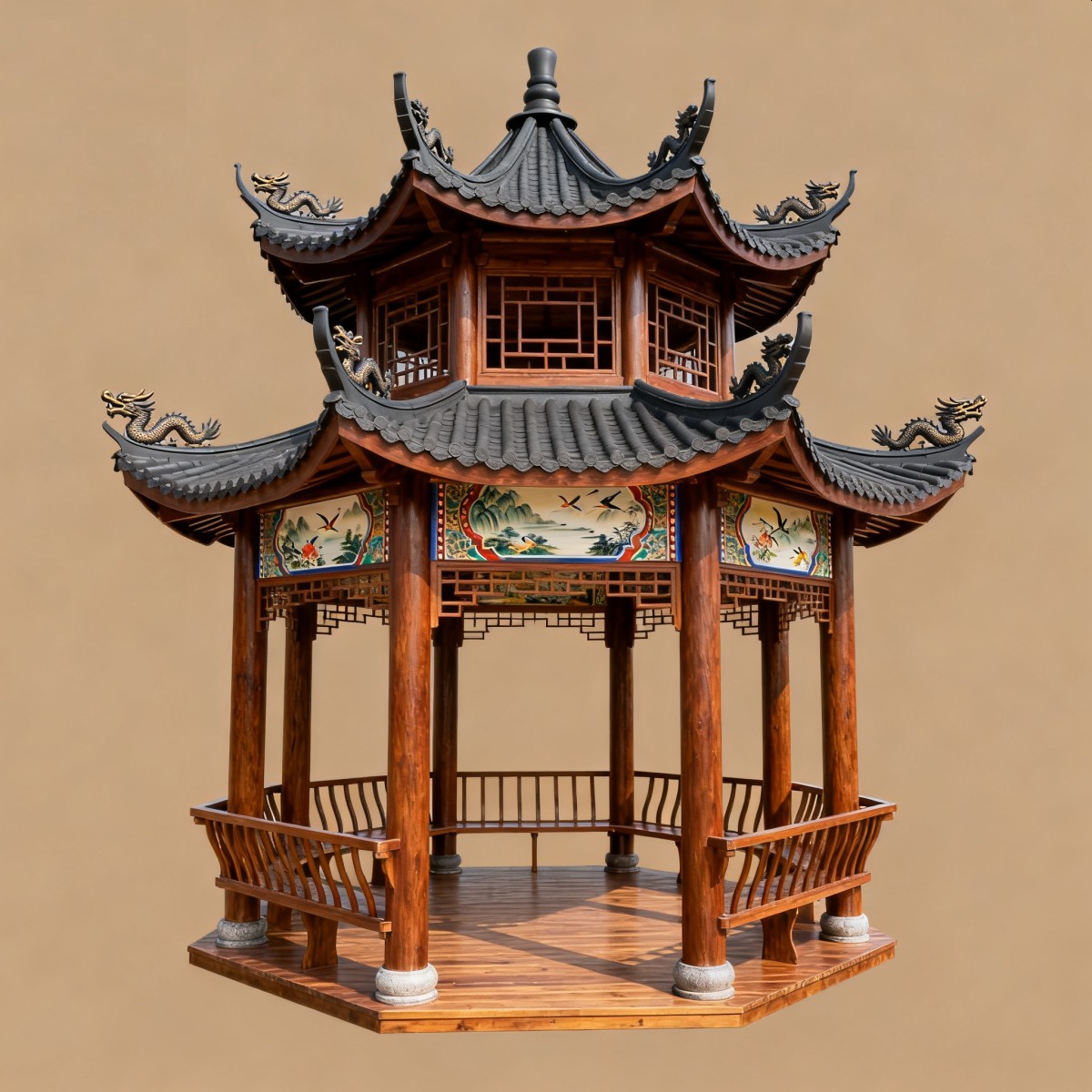 云南仿古风格防腐木凉亭,实木凉亭,木亭